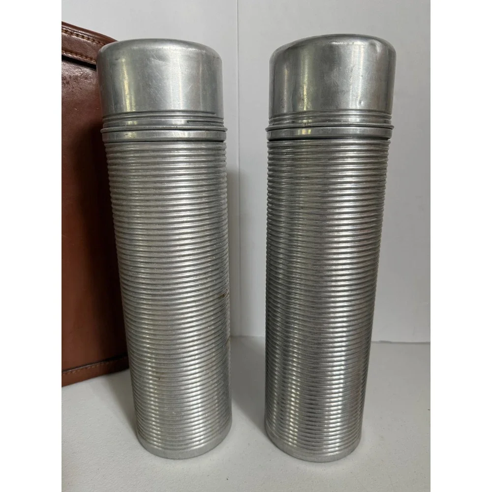 Vintage Thermos Aluminum Ribbed Flask Set Vacuum with Brown Leather Carry Case